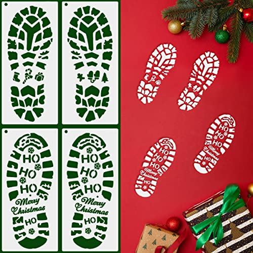 Weihnachtsmann-Fußabdrücke Schablone, Hillylolly Weihnachten Schablonen Set, Weihnachten Thema Kunststoff Schablonen, Plastik, 30.5x14 CM, Geeignet für Fensterglas oder Zementboden (4 Stück)
