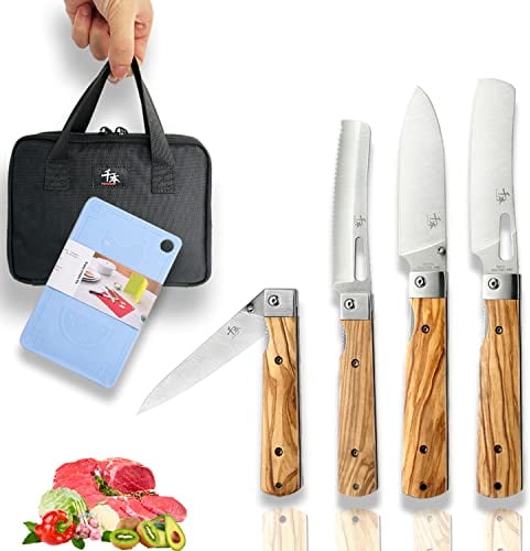 SENBON 440A Edelstahl Küchenmesser Tragbare Falten Nicht Obst Messer Chef Messer Olive Holz Griff 4 Messer Set