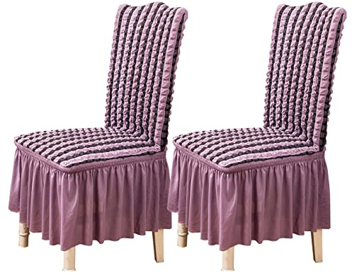 Qubjus Stuhlhussen für Esszimmer Satz von 2 Stretch Stuhl Slipcover mit Rock abnehmbar waschbar Küche Stuhl Protector Cover Set für Haus, Party, Hochzeit(Gestreift Lila, 2Stück)