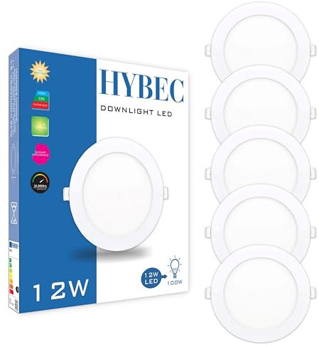 Hybec - Downlight LED techo empotrable, Foco LED Interior techo, Driver incluido, Luz Cálida 3000ºK 12W (Pack 5)