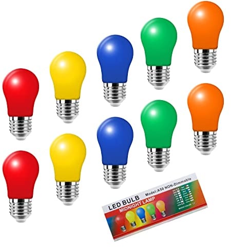 Jiotouhu 10er Pack Farbige LED Leuchtmitte 3W E27 A50 Gemischt Rot Gelb Grün Blau Orange,Bunte Glühbirnen für Hochzeit Halloween Weihnachten Party Bar