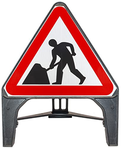 Panneau de signalisation routière triangulaire « Men At Work » - 750 mm - En plastique - Pour travaux de route et de rue - Autoportant avec face réfléchissante