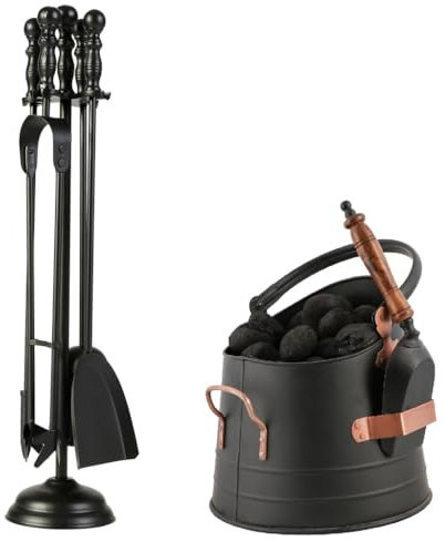 Black Coal Scuttle Bucket, Fireplace Companion Tool Set Vintage Victorian Style Recycled Cast Iron Fireside Accessory Set (N419+DB16)