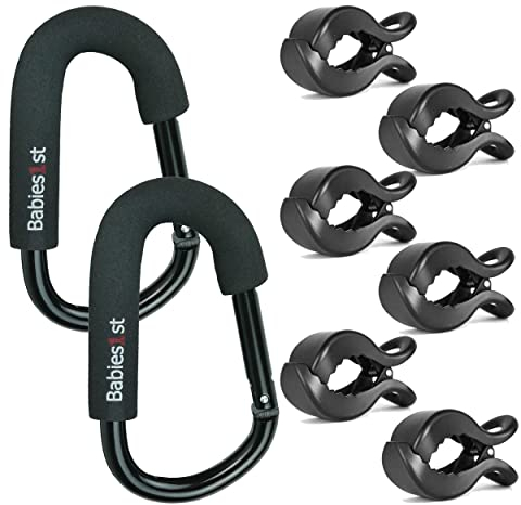 Babies1st Spar Set: Große Karabiner 14 cm (2-er Set) Black Edition und Kinderwagen Klammer 6-er Set, Schwarz Matt