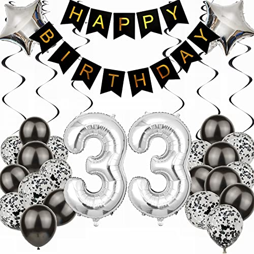 Kiwochy Luftballon 33. Geburtstag Dekoration - Black and Silber Party Deko für Junge, Männer, Frauen - Geschenk 33 Jahre