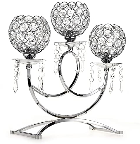 SUMNACON Silber Kristall Kerzenständer mit Anhänger 3 Kristallschalen-Kerzenständer Kerzenhalter Teelicht Dekorativer Kandelaber Kerzenhalter Feiern Tag Weihnachten Halloween Hochzeit(Gross)