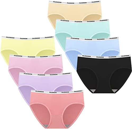 Sunvivid Teen Girls Knickers Soft Fast Dry Underwears Mid Waist Briefs Hipster Comfortable Panties Underpants for Age 8-18 Girls and Slim Women - Pack of 8