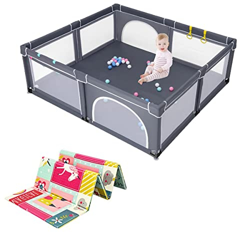 DREAMADE 206 X 185CM Laufstall Baby, Laufgitter Faltbar mit 50 Bällen & 4 Griffe, Schutzgitter mit 2 Türen, Krabbelgitter Indoor & Outdoor (Dunkelgrau, mit Rosa Matratze)