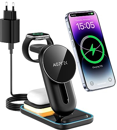 AGPTEK 4 in 1 Wireless Charger, induktive Ladestation, Kabelloses Ladegerät kompatibel mit iPhone/Samsung/Googel Pixel/Huaiwei, unterstützt für iWatch/AirPods/Galaxy Budsa, mit 18W, Schwarz