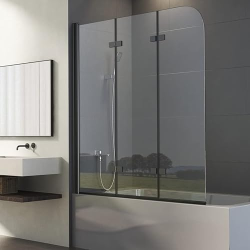 Duschwand für Badewanne 3-teilig 130x140cm Faltbar Schwarz Duschabtrennung, Triple Falttür Badewannenwand Trennwand Duschtrennwand, Badewannenaufsatz Badewannenfaltwand Faltwand mit 6mm Nano EGS Glas