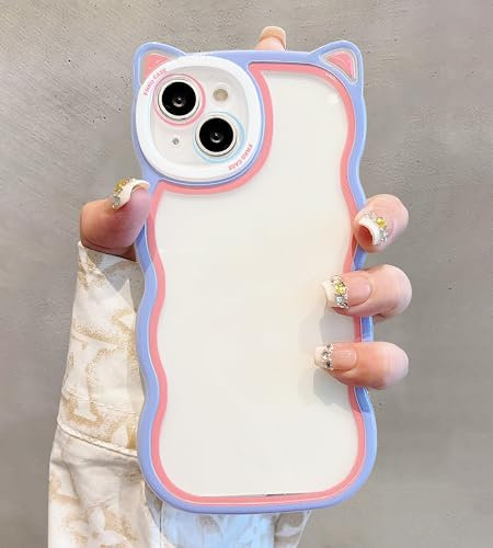 UEEBAI Cute Case for iPhone 13 6.1 inch, Clear Fashion Pretty Wave Frame Case Shockproof TPU with Full Camera Cover Protection for Girl Women Non-Yellowing Cover - Purple Red