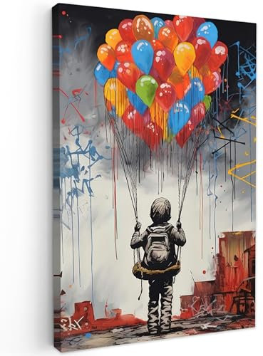 MuchoWow© Leinwand Bilder 40x60 cm Wanddeko Wohnzimmer Aesthetic Room Decor Deko Zimmer Wandbilder Modern Fotogeschenke Banksy - Street Pop Art - Junge - Luftballons - Gebäude - Kunst