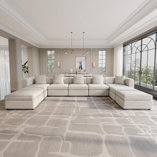 Guyii Velvet Sectional Sofa, Modern Oversized 9-Seater Sofa with 5 Pillows and Storage Footstool, 183.46 L Convertible Sofa with Cushions, U-Shaped Sofa for Living Room, Apartment, Home