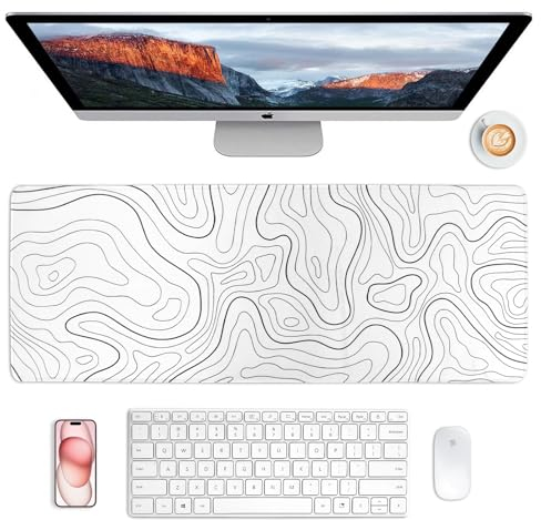 Grand tapis de Souris de Jeu 800 x 300 x 3 mm, Tapis de Souris Antidérapant Carte Topographique Minimaliste, Tapis de Bureau, Ligne Blanche Bords Cousus pour Ordinateur Portable, Bureau et Maison