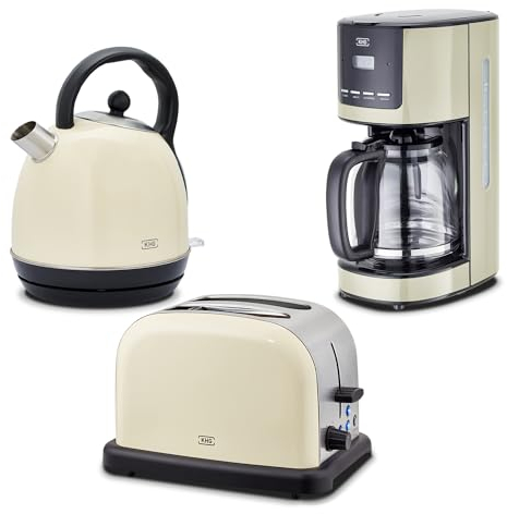 KHG Retro Frühstücksset | Toaster 2 Scheiben, 7 Bräunungsstufen 850W | Wasserkocher 1,7 Liter mit Abschaltautomatik 2200W | Kaffeemaschine 1,5 Liter Glaskanne 1000W | 3-teilig Creme