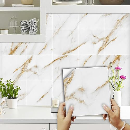 Fliesenaufkleber Beige Minimalistisches Gold Klebefliesen Wasserdicht Ölfest Fliesenaufkleber Bad Küchenrückwand Selbstklebend für Schrank Möbel Tisch Dekoration Fliesenfolie 10 Stück/15x15cm