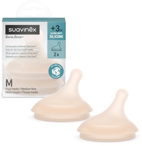 Suavinex, 2 Pack Babyflaschensauger für Zero Zero Anti-Colic Babyflasche, Ersatz Sauger Medium Flow Saugern (M), für Flüssigkeiten mittlerer Dichte, Milch, Saft oder Flüssignahrung, Babys +3M, Light