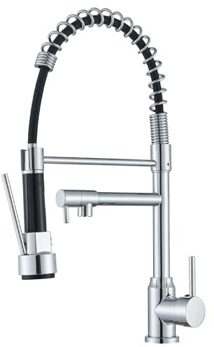 TVTIUO Rubinetto Cucina, con 2 Ugelli, Rubinetto a Molla Ammortizzante da Cucina, Rotazione a 360°, Standard Freddo e Caldo, Ottone Cromato.