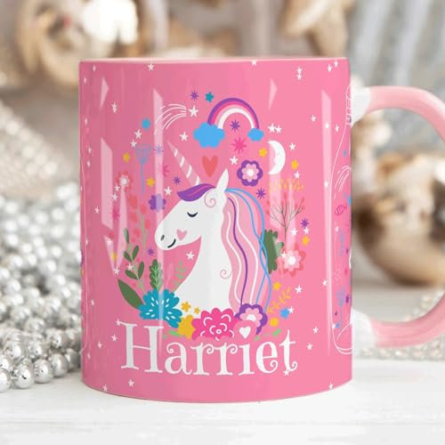 The Whistling Wren Personalised Cute Unicorn Mug with Name, Pink Coffee Cup, Personalised Unicorn Marble Mug & Coaster Set for Girl