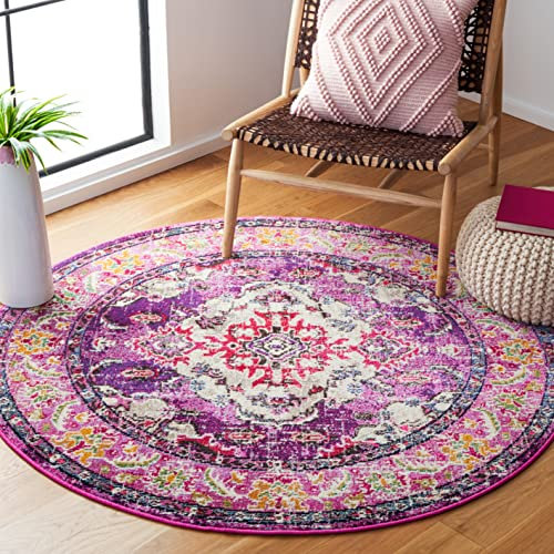 SAFAVIEH Boho Teppich für Wohnzimmer, Esszimmer, Schlafzimmer - Monaco Collection, Kurzer Flor, Violett und Fuchsia, 120 x 120 cm