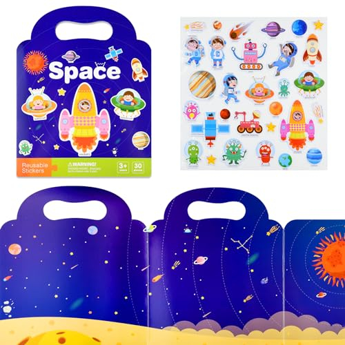 ASTARON Weltraum Stickerbuch für Kleinkinder, Wiederverwendbare Stickerbücher, Flugzeugaktivitäten, Reisespielzeug, Geburtstag Weihnachten Geschenk für Kinder