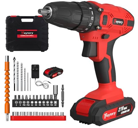 Red 21V Cordless Drill Driver Set, 45N.m Max Power, 25+1 Torque, 2 Speed, LED Light for DIY Projects, 29PCS Electric Screwdriver Drill Kit