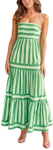Abiti Casual Estivi da Donna Abito Lungo Senza Maniche con Stampa a Righe con Cinturino per Spaghetti Vestito Estivo da Spiaggia per Vacanze-Verde-XL