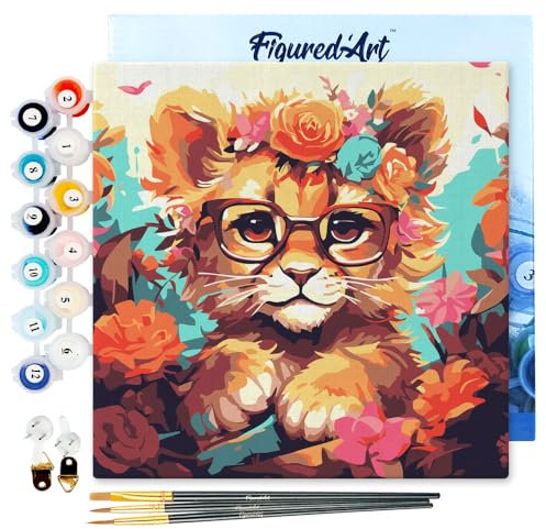 Figured'Art Mini Peinture par Numéro Adulte 20x20cm avec cadre Lionceau fantaisie et fleurs - Petit Format Kit de Loisir Créatif DIY Numéro d'Art Complet