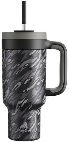 POWCAN Camo Tumbler mit Griff, 2-in-1-Strohhalm und Trinkdeckel, auslaufsicher, spülmaschinenfest, isolierter Reise-Kaffeebecher aus Edelstahl, hält 34 Stunden kalt(Shadow Camo)