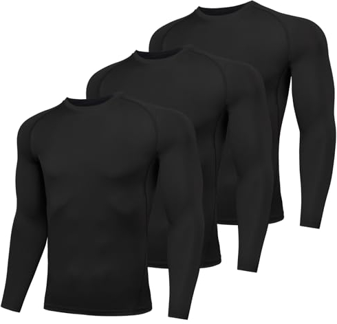 AMZSPORT Kompressionsshirt Herren Langarm Funktionsshirt Sportshirt Schnelltrocknend Laufshirt, 3er Pack Schwarz M