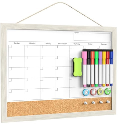 Calendar Whiteboard for Wall, TANKEE 17x13 Inches Whiteboard Calendar Cork Board Combo, Small Magnetic White Board with Wood Framed, Hanging Dry Erase Board for Kitchen Home Office School Planner