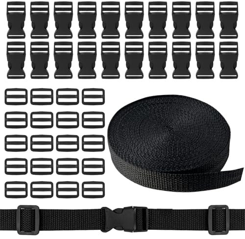 10 M Nylon Gurtband mit 20 Paar Schnallen, 20 mm Schwarzes Nylonband mit Schnellverschluss für Rucksack Gepäckband Hundehalsband