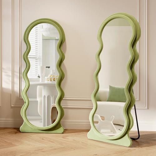 LVSOMT Ganzkörperspiegel Gewellter, 160x60cm Bogen Standspiegel mit Flanell, Wandspiegel Gewölbter Groß, Wellen Spiegel Stehend Wohnzimmer Schlafzimmer Flur, Ankleidespiegel, Grün Samt