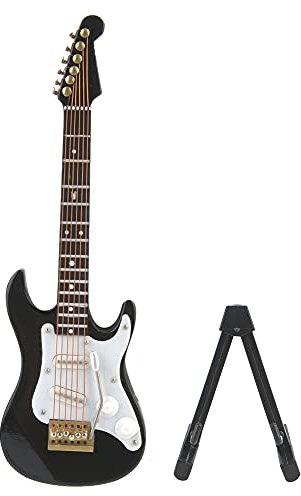 Mini modèle de guitare, guitare électrique Miniature en bois avec réplique de guitare de bureau sur pied, ornement d'instrument de musique pour la maison (Noir)