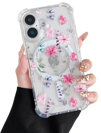 DEFBSC Magnetic Case for iPhone 16 [Compatible with Magsafe], Clear Floral Flower Print Design Flexible Acrylic Bumper Protective Shockproof Case for iPhone 16 - Pink Cosmos