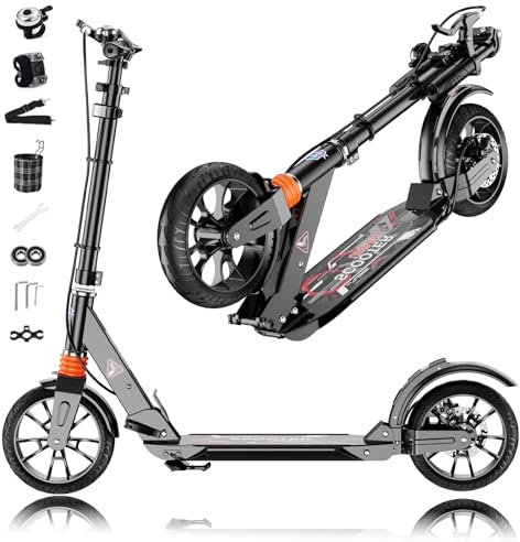 GHBXJX Cityroller Pro Tretroller Erwachsene 150 kg Tragkraft, 200mm Big Wheel Scooter mit Bremsen und Stoßdämpfern, Erwachsene und Kinder, ABEC 9 Kickboard Klappbar & Höhenverstellbar,Schwarz