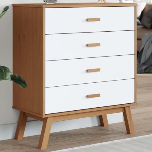 Gecheer Schubladenschrank Kommode Hochschrank Anrichte Olden Weiß und Braun Massivholz Kiefer