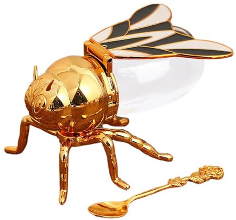 Tarro decorativo con de abeja, dispensador de, tarro de miel con cuchara, creativo y funcional, fácil de usar, 15 x 10 x 9 cm, polipropileno + aleación de zinc, accesorio elegante para