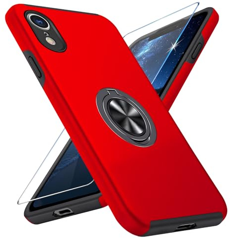 Vaki Handyhülle für iPhone XR Hülle mit Schutzfolie, Schutzhülle Case mit 360° Magnetischer Ring Ständer Kratzfest Fallfestigkeit Stoßfest für iPhone XR Cover (Rot)
