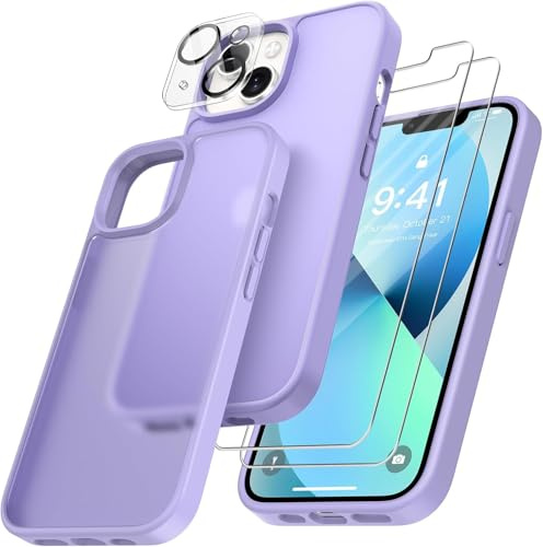 FLLAO 4 in 1 Cover per iPhone 13 Custodia con 2 Pellicola Vetro Temperato e 1 Fotocamera Protettiva, [Cuscino d'aria integrato] Morbido TPU Bumper Protection Cover iPhone 13, Viola