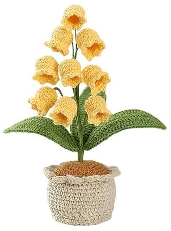 Pcscevcr Gigli della Valle all'uncinetto in vaso, 20 cm, fiori artificiali lavorati a maglia, piccole piante bonsai, regali per madri bambini, decorazione da tavolo per casa e ufficio (giallo)