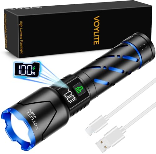 Voylite Rechargeable Flashlights High Lumens - 100000 LM Super Bright | 5000mAh Rechargeable Battery & LCD Display, 3 Modes, Zoomable & IP67 Waterproof for Camping, Dog Walking, Emergencies