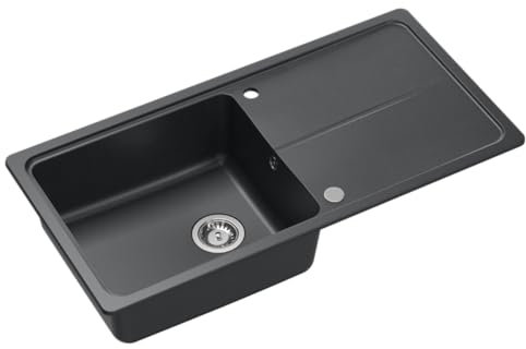 QUADRON NEAL 146 Fregadero de granito para cocina, tamaño: 100 x 50 x 21,5 cm, negro, fregadero de cocina de un seno, juego: fregadero de granito + sifón manual + tapa