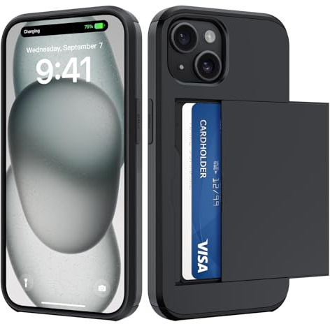ÁRBOLORO Coque pour iPhone 15 avec Porte Cartes, Étui Portefeuille Housse Fente Carte Militaire Antichoc Anti Rayures Fente Cachée Coulissante Case pour 2 Cartes, Noir