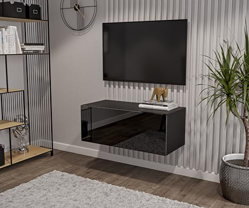 HAJDUK FURNITURE Schwarz TV Lowboard 90 cm Hängeschrank für Wohnwand Fernsehtisch Hochglanz Front MDF Fernsehschrank Kabelöffnung Push-to-Open
