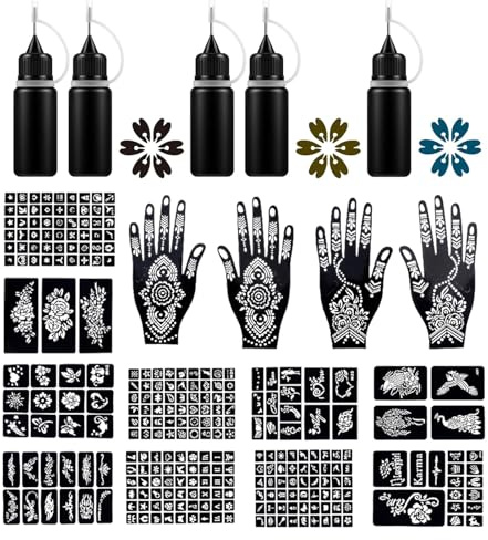 Henna Tattoo Kits 5 Inks 14Blatt Henna Schablonen Glitter, Temporäre Tattoos Schablone Set, Tattoo Schablone, Temporäre Tattoo Schablone Aufkleber für Erwachsene(B)