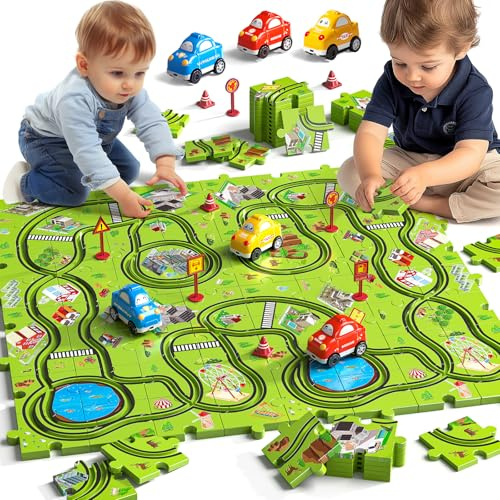 JUKUDAHU 64 Pieces Puzzle Race Track Car Set Toys for 3-8 Year Old | Puzzle Tracks Car Toys, 3 Sliding Toy Cars, City-Themed, Educational Toy, Birthday Gifts for Boys Girls