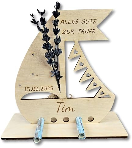 mamir home Taufe Geldgeschenk personalisiert aus Holz mit Name & Datum – Taufgeschenk Junge & Mädchen – Personalisiertes Geschenk mit Trockenblumen (Geldgeschenk Taufe Boot)