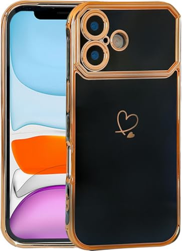 Skyhewen iPhone 16 Case for Women Girls, Flexible Soft TPU Silicone Protective Phone Cover with Love Hearts Pattern Plated Gold Frame Shockproof Bumper Case for iPhone 16, Black