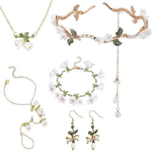 AHANDMAKER 6 Teiliges Maiglöckchen Schmuckset Mit Blumenkette Armband Ohrringen Haarband Lilien Glockenblumen Perlen Emaille Quasten – Ideal als Hochzeitsgeschenk Für Damen